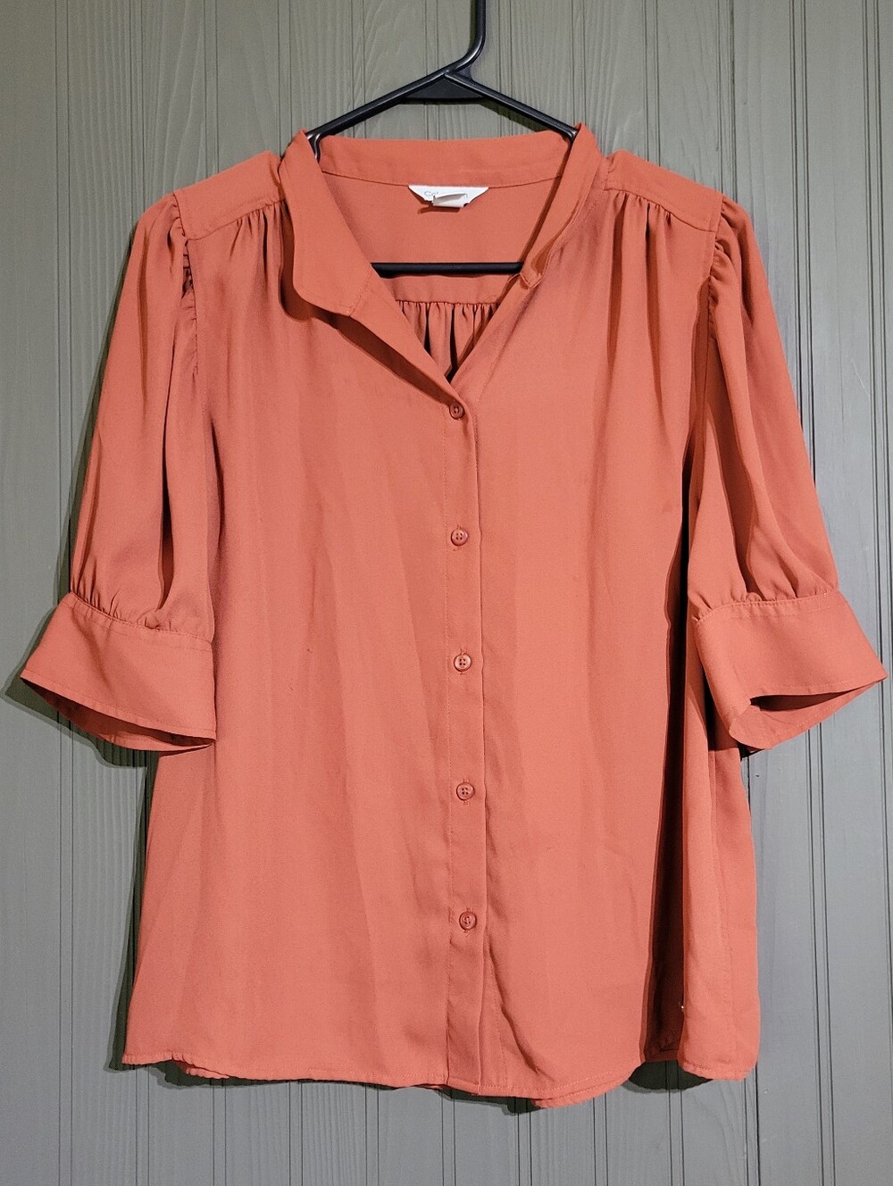 Calvin Klein Button Down Blouse Shirt 3/4 Sleeves Loose Fit Orange Women's Large